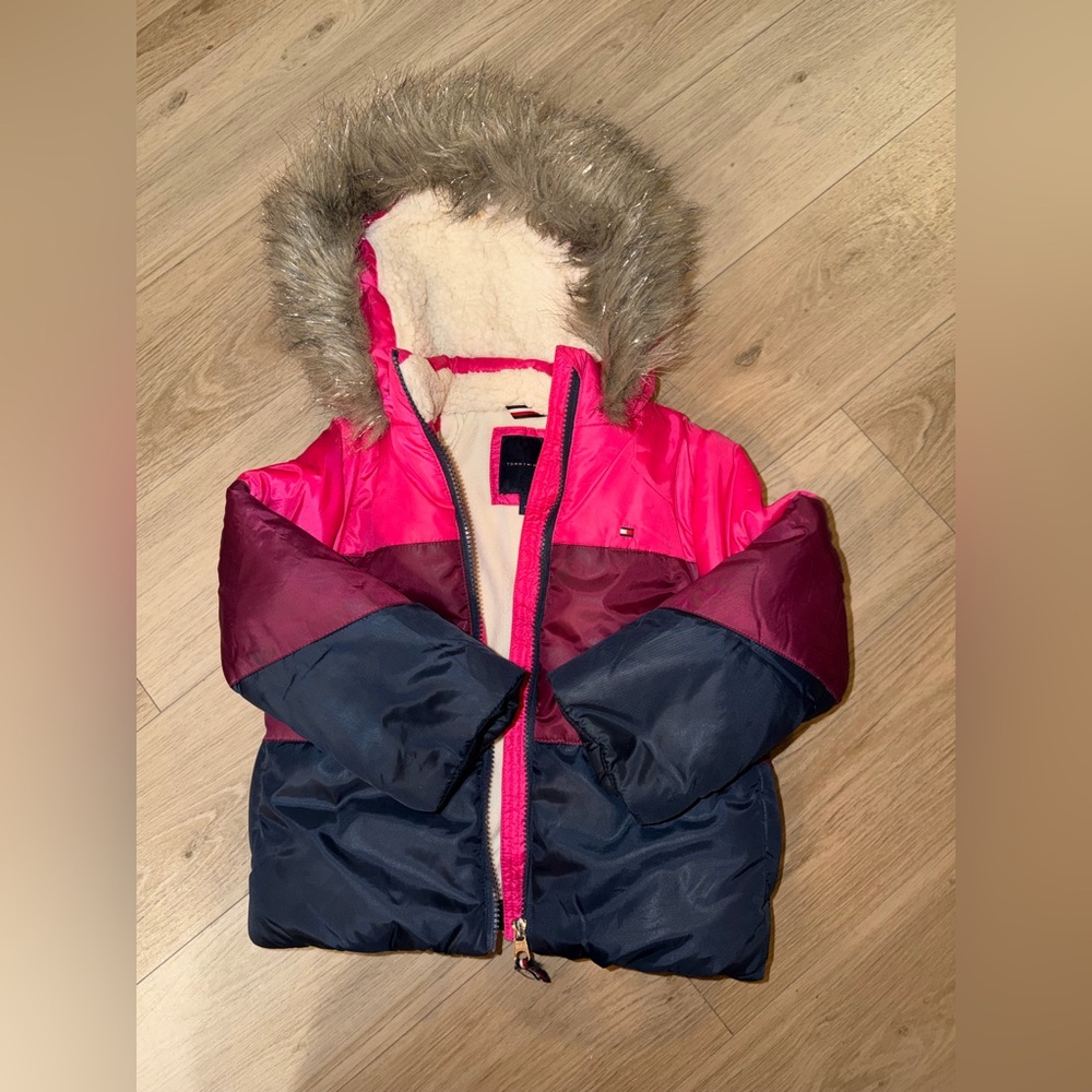 Tommy Hilfiger Girls Pink Colorblock Faux Fur Hood Puffer Jacket